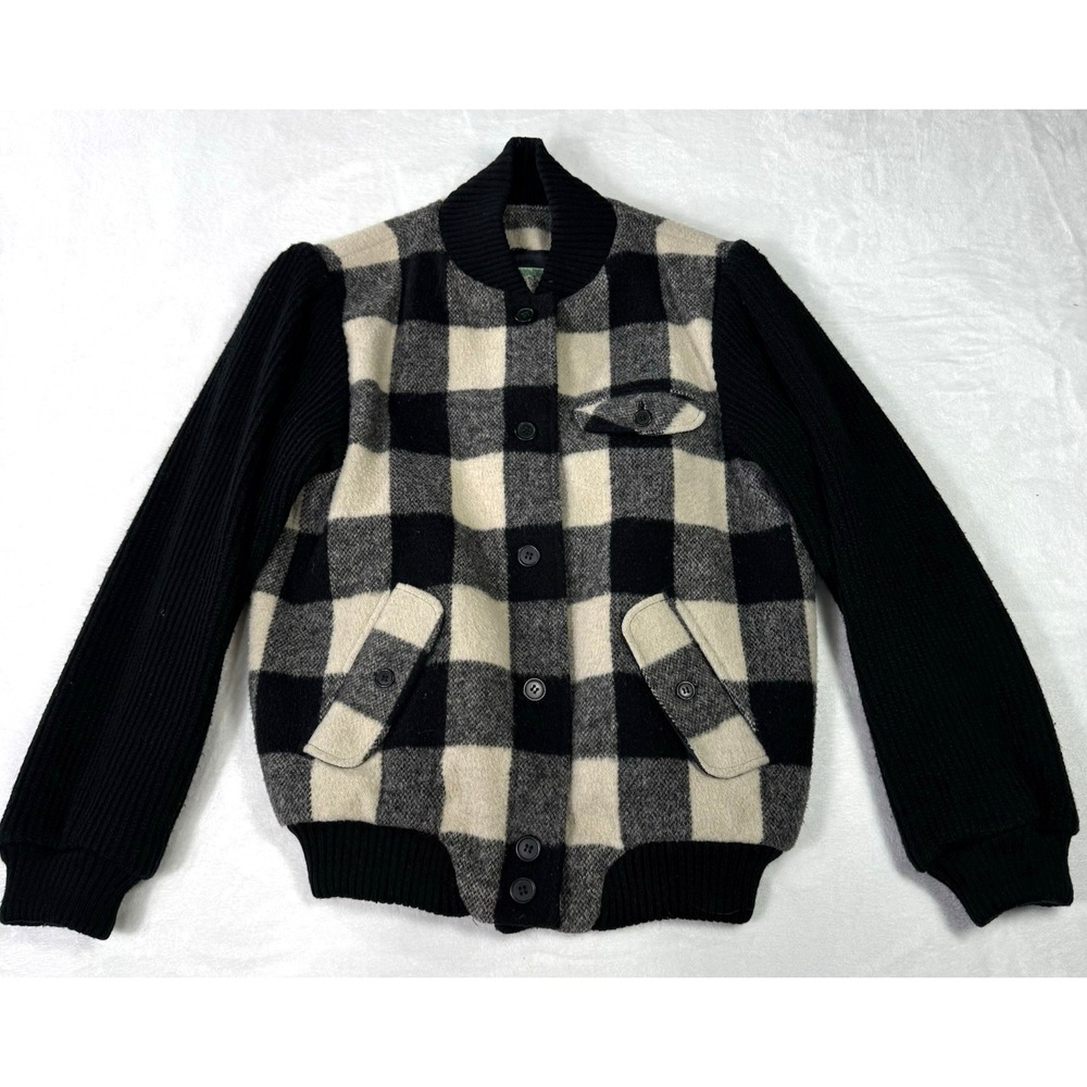 Wool Buffalo Plaid Womens Bomber Jacket Sweater Balloon‎ Sleeves Lined Fuzzy Vtg